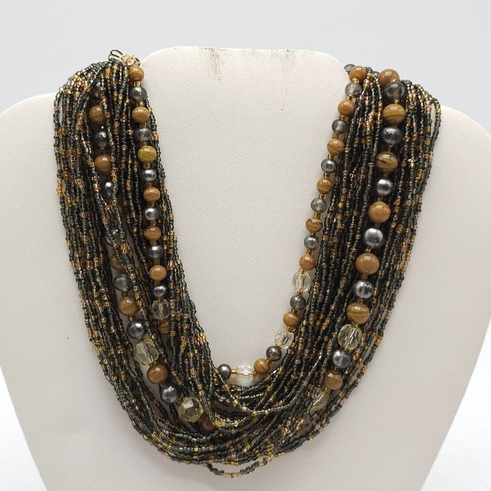 Multi Strand Beaded Statement Necklace Gold Tone Hook Clasp JAPAN Vintage